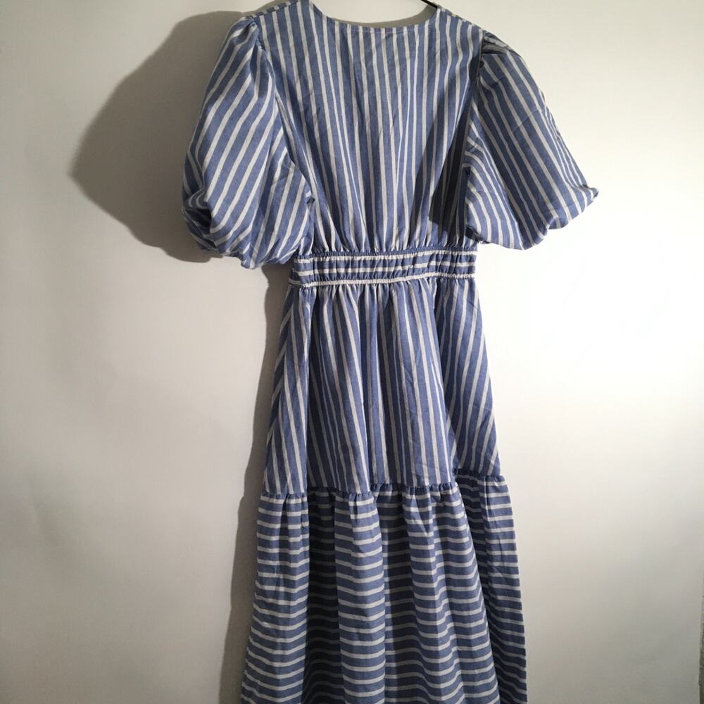 Love Wednesday Women's Size Medium Blue & White Cotton Striped Midi Dress - Picture 7 of 7